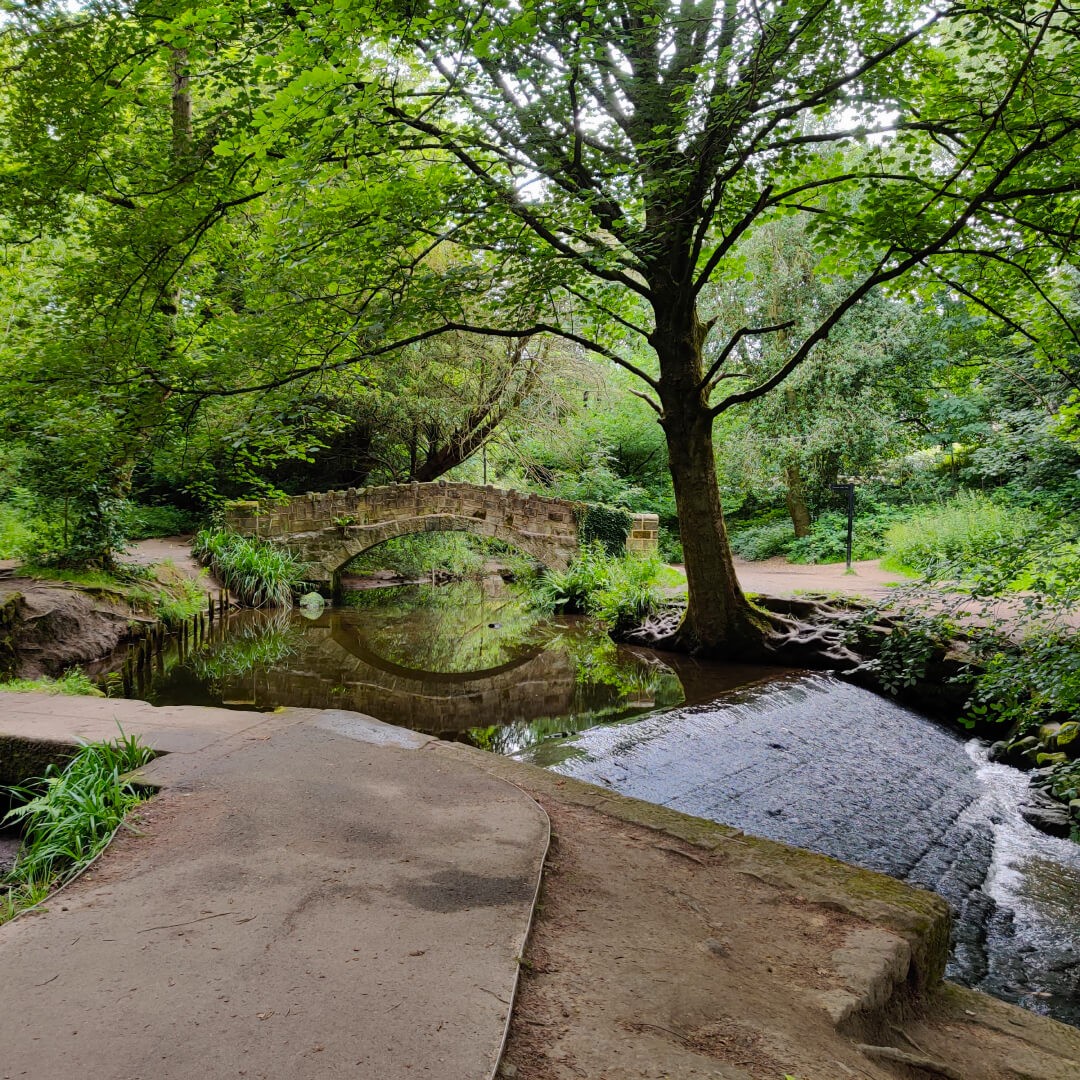 Bridge over Meanwood Beck in Meanwood Park. Part of the Meanwood Valley Trail