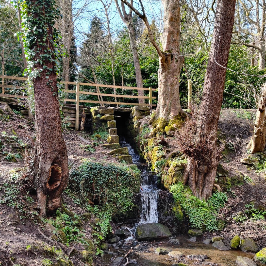 Small waterfall under the path to the Hollies along the Meanwood Valley Trail